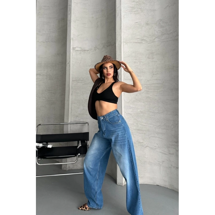 Baggy süper taş bıyık yıkama mavi jeans pantolon d2007