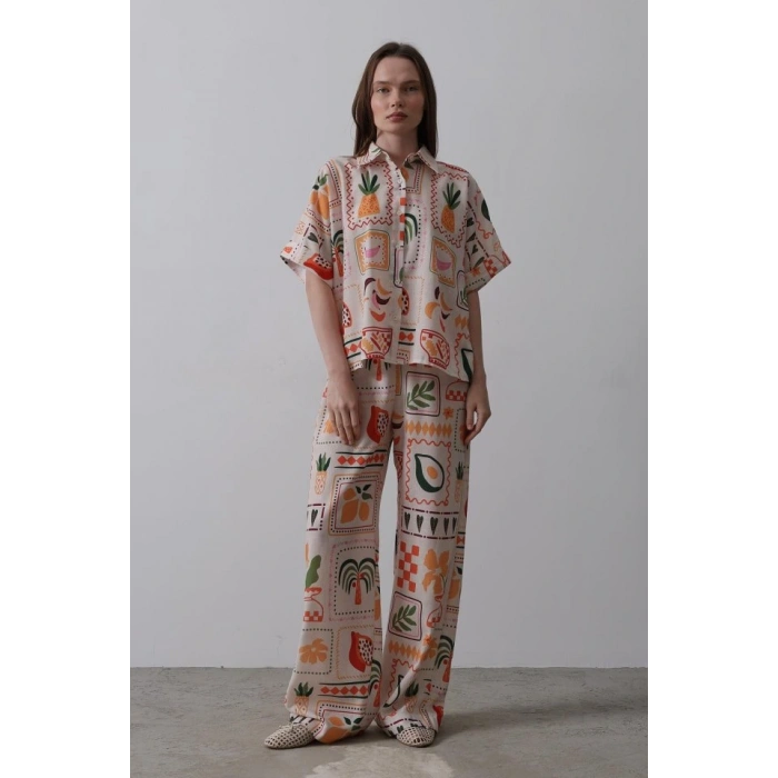 Baskılı Kısa Kol Pantolon Takım  TaşOranj