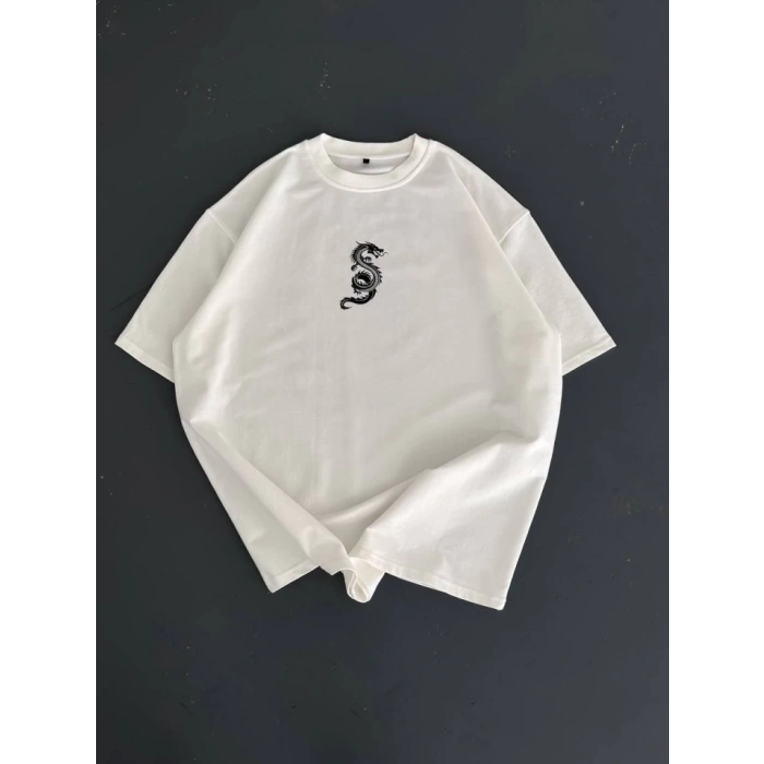 Baskılı Oversize Bisiklet Yaka Tshirt  Beyaz