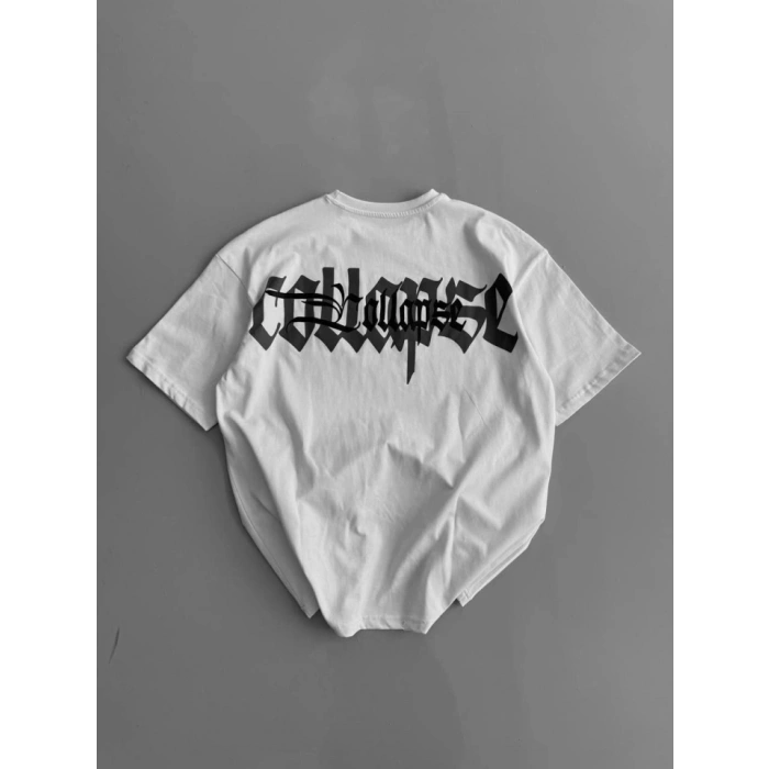 Baskılı Oversize Bisiklet Yaka Tshirt  Beyaz