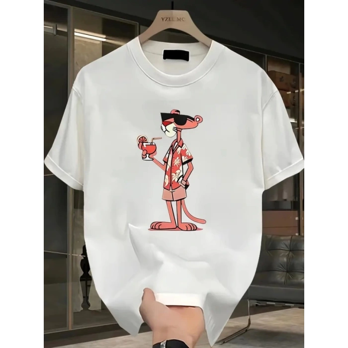 Baskılı Oversize Bisiklet Yaka Tshirt  Beyaz