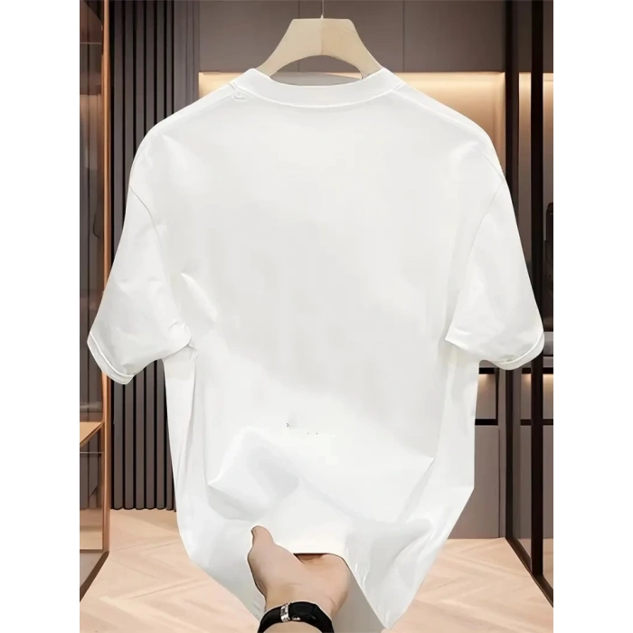 Baskılı Oversize Bisiklet Yaka Tshirt  Beyaz