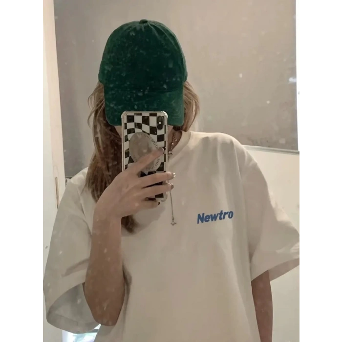 Baskılı Oversize Bisiklet Yaka Tshirt  Beyaz