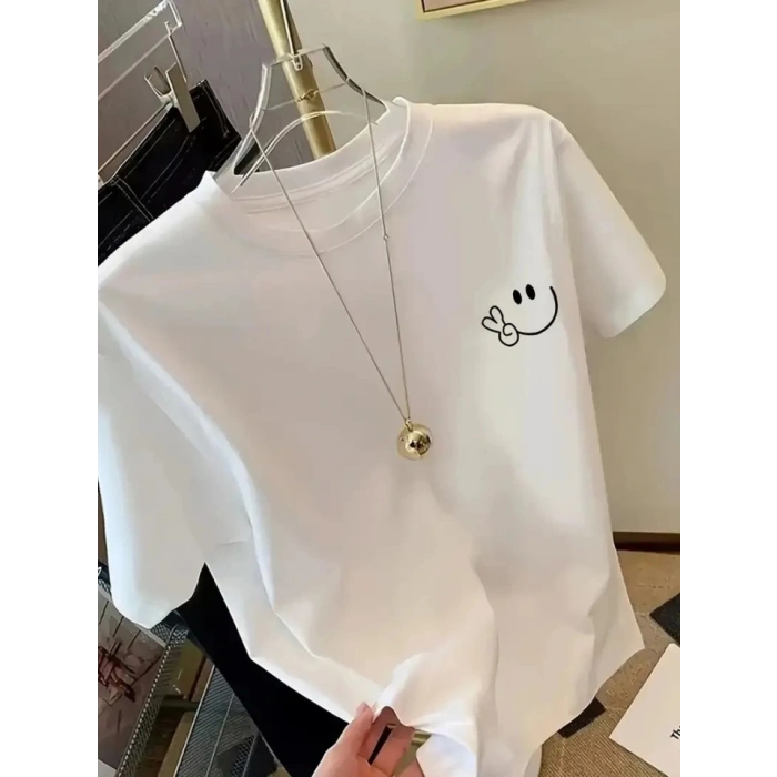 Baskılı Oversize Bisiklet Yaka Tshirt  Beyaz