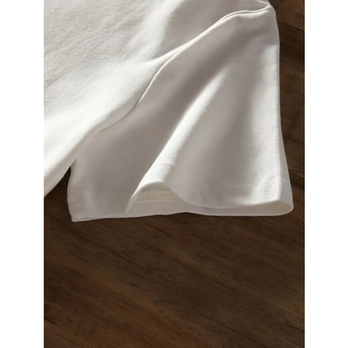 Baskılı Oversize Bisiklet Yaka Tshirt  Beyaz