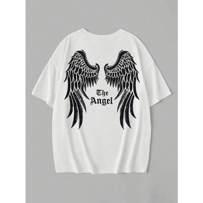 Baskılı Oversize Bisiklet Yaka Tshirt  Beyaz