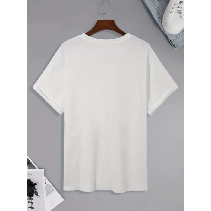 Baskılı Oversize Bisiklet Yaka Tshirt  Beyaz