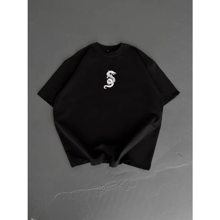 Baskılı Oversize Bisiklet Yaka Tshirt  iyah