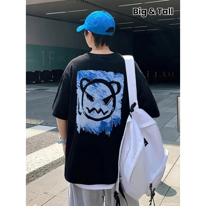 Baskılı Oversize Bisiklet Yaka Tshirt  iyah