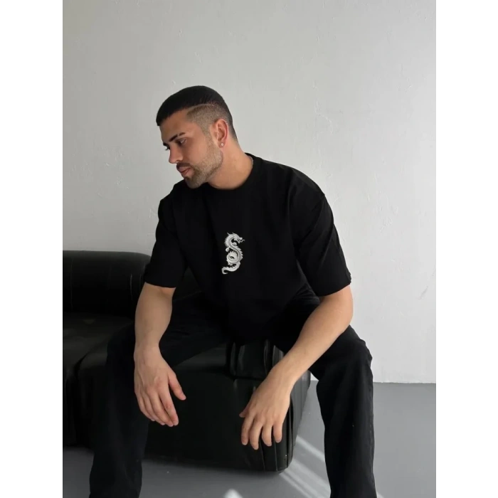 Baskılı Oversize Bisiklet Yaka Tshirt  iyah