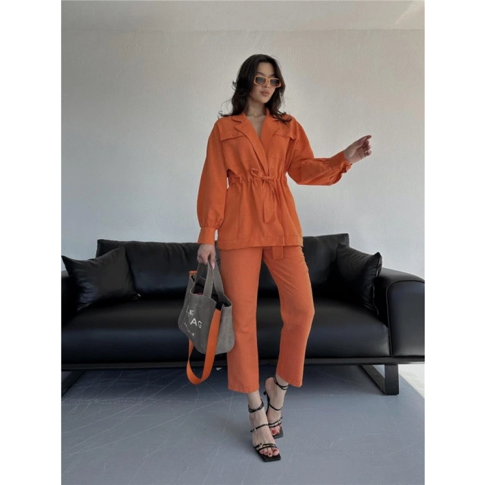 BE BÜZGÜ DETAYI PANTOON  CEKET TAKI KETEN  Turuncu