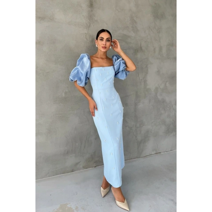 Bebe Mavi İşlemeli Kolu Garnili Elbise