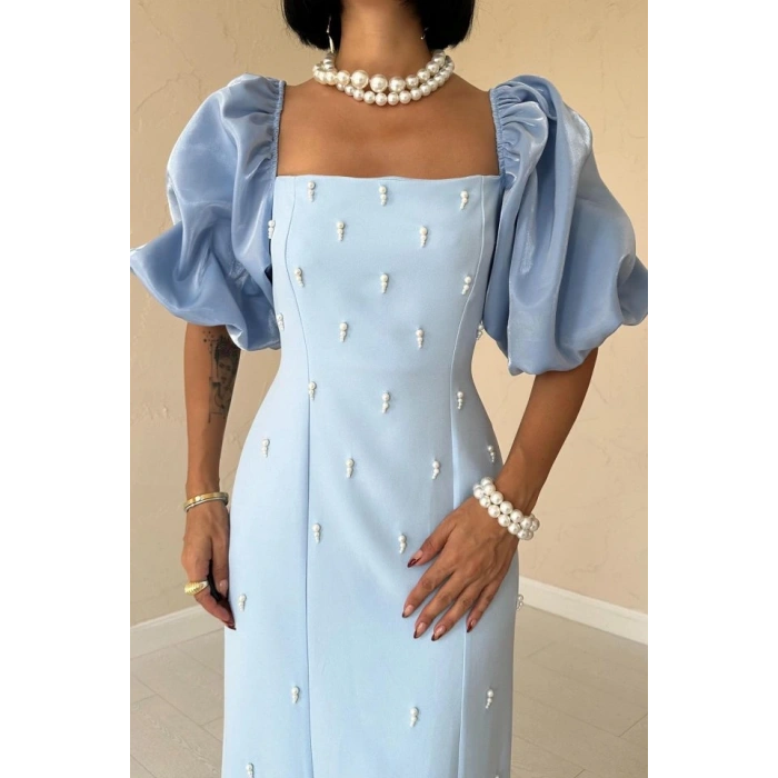 Bebe Mavi İşlemeli Kolu Garnili Elbise