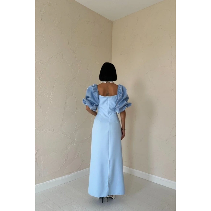 Bebe Mavi İşlemeli Kolu Garnili Elbise