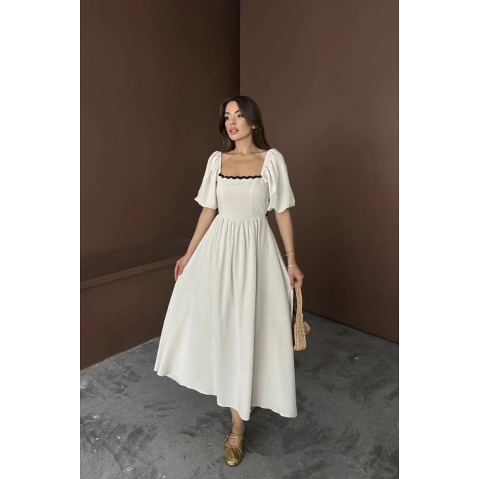 Bej Arkası Bağlamalı Keten Elbise