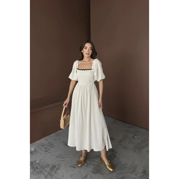 Bej Arkası Bağlamalı Keten Elbise