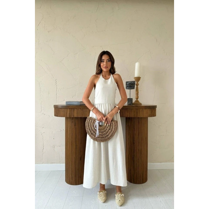 Bej Arkası Gipeli Keten Elbise