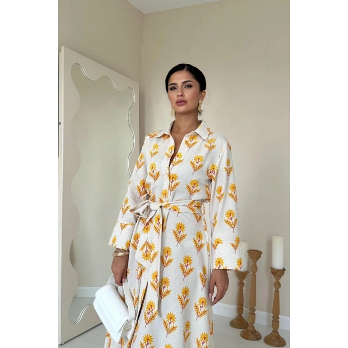 Bej Desenli Ve Önü Düğmeli Keten Elbise