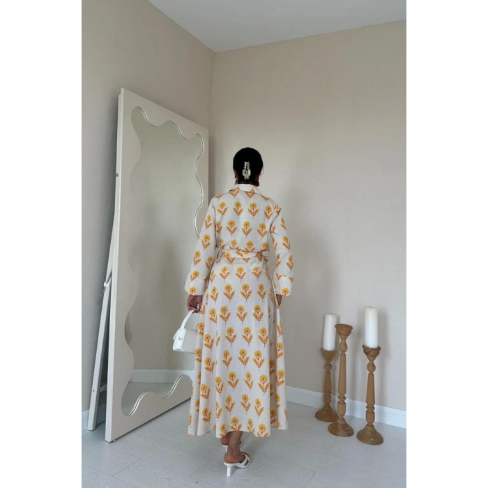 Bej Desenli Ve Önü Düğmeli Keten Elbise