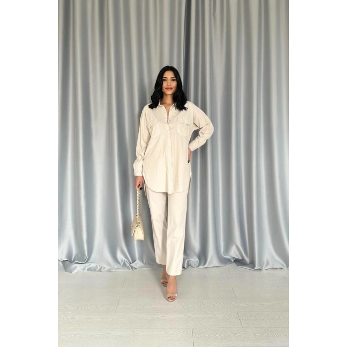 Bej Gömlek Ve Çıtçıtlı Pantolon Takım