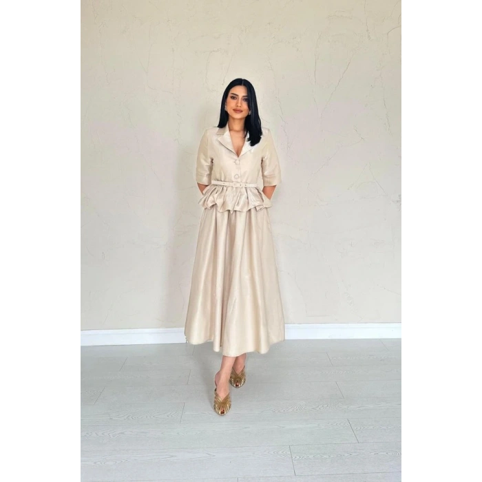 Bej İnce Kemerli Fırfırlı Ceket Ve Büzgülü Etek Takım