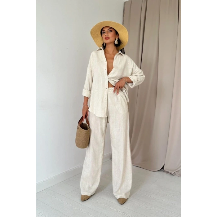 Bej Jakar Petek Gömlek Ve Pantolon Takım
