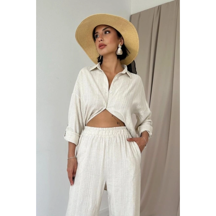 Bej Jakar Petek Gömlek Ve Pantolon Takım