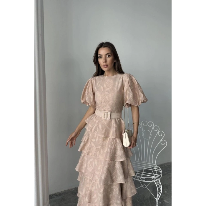 Bej Kat Kat Balon Kollu Kemerli Elbise