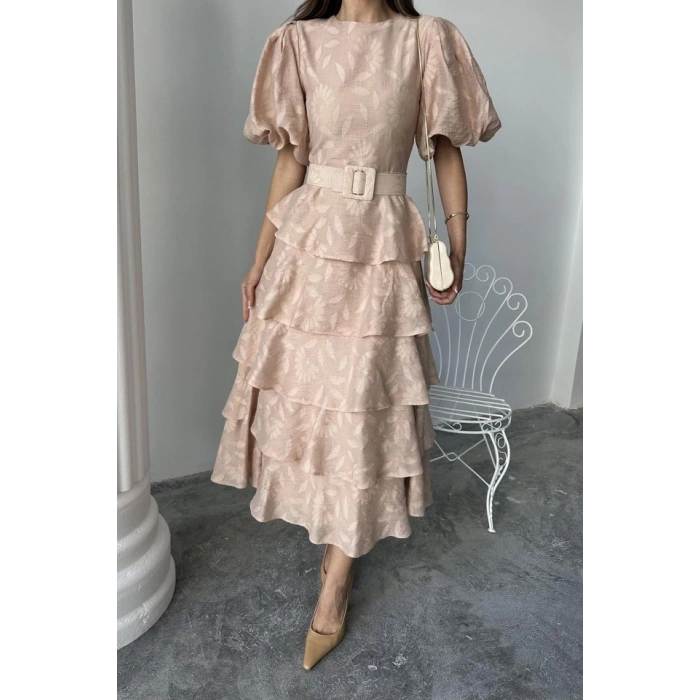 Bej Kat Kat Balon Kollu Kemerli Elbise