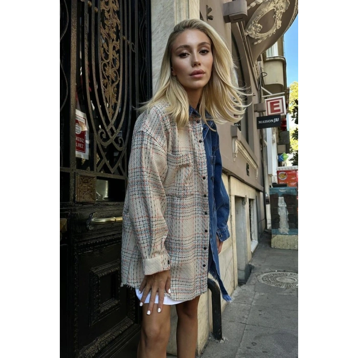 Bej Kot Garni Parçalı Gömlek