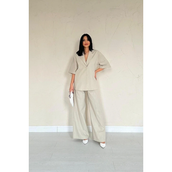 Bej Önü Tek Düğmeli Ceket Pantolon Takım