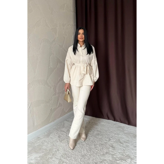 Bej Petek Jakar Kumaşlı Gömlek