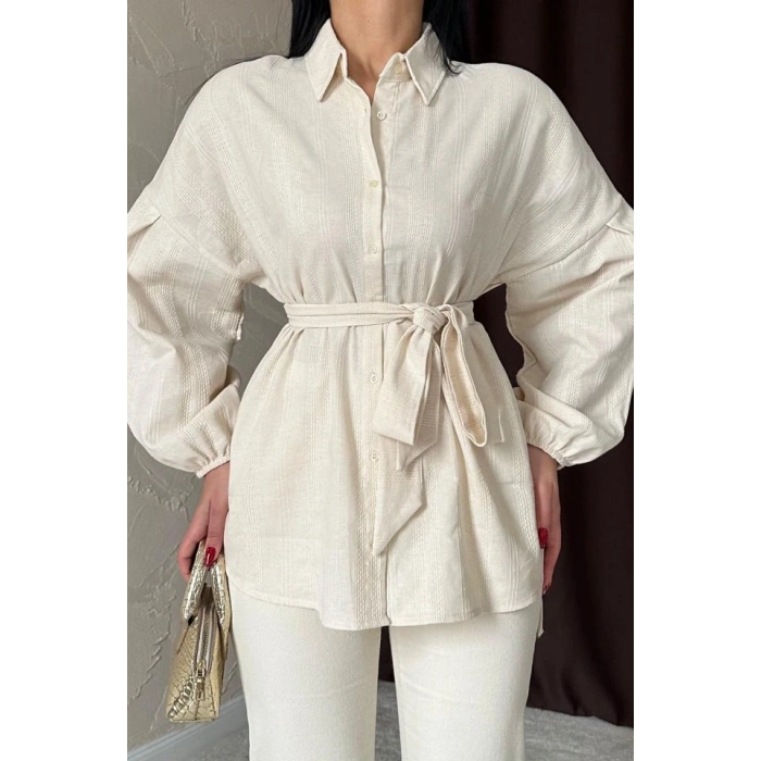 Bej Petek Jakar Kumaşlı Gömlek