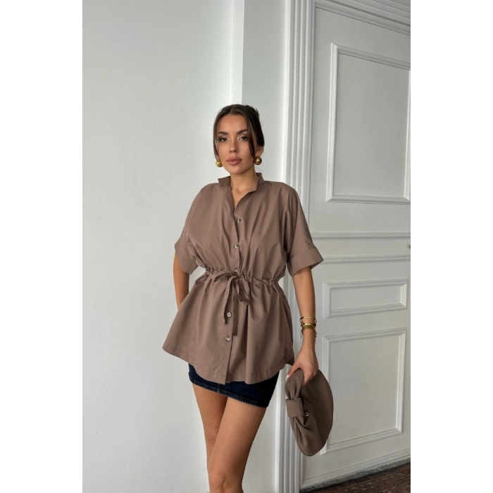 BEL BÜZGÜ DETAYLI POPLİN GÖMLEK  Kahverengi