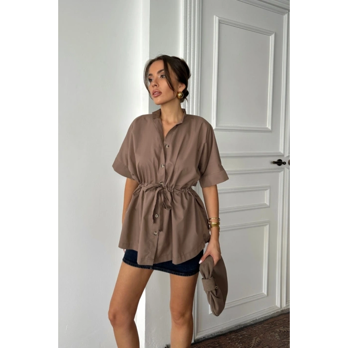 BEL BÜZGÜ DETAYLI POPLİN GÖMLEK  Kahverengi