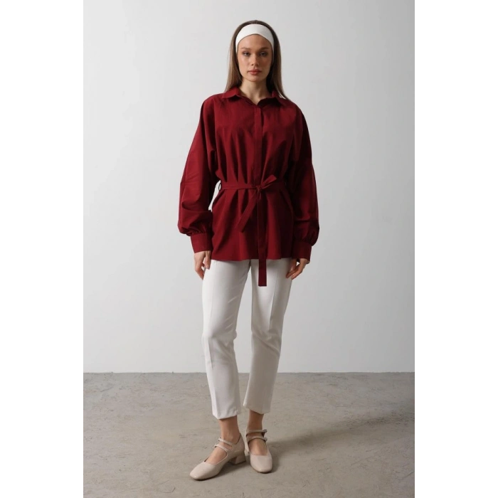 Bel Detaylı Gömlek  Bordo
