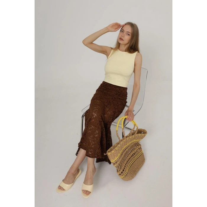 Bel Lastikli Dantel Etek  Kahve