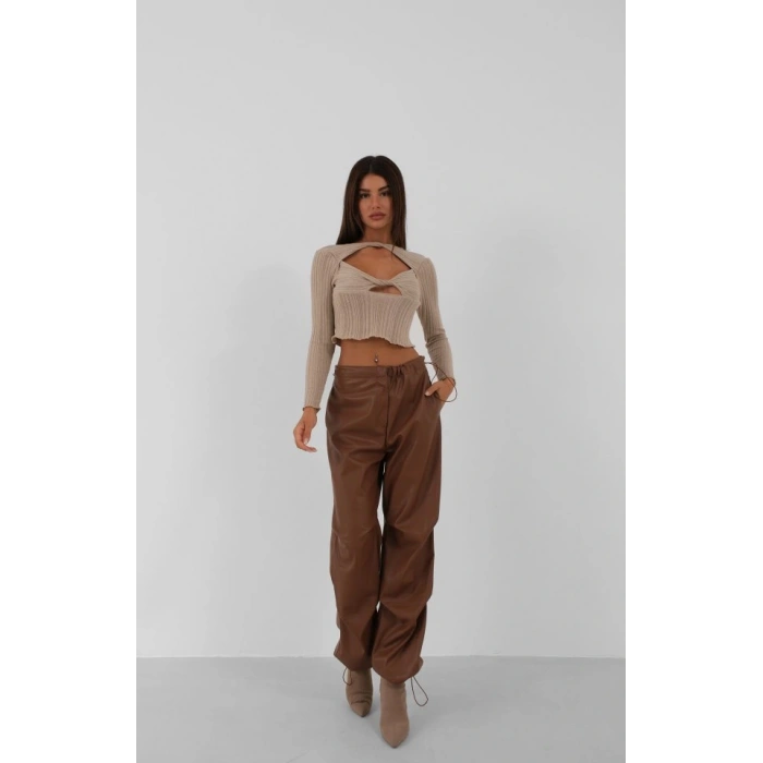 Bel Lastikli Deri Pantolon