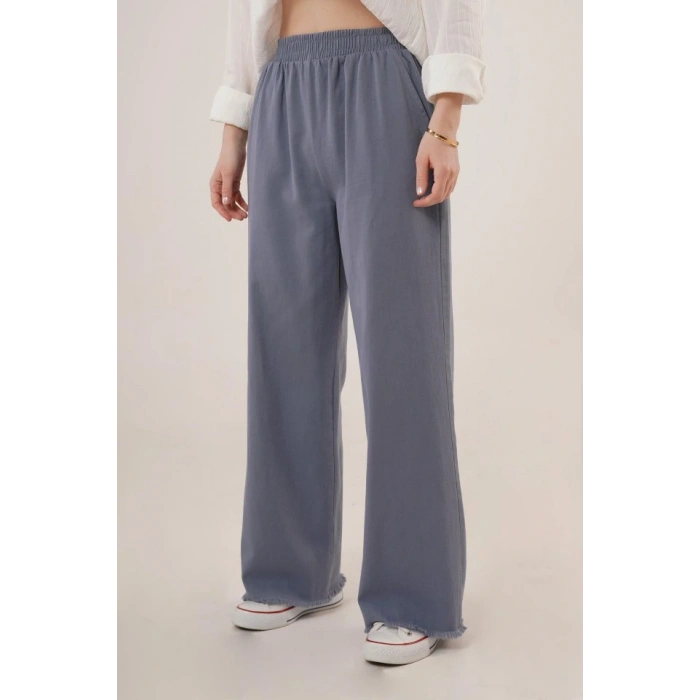 Bel Lastikli Paça Detaylı Cepli İndigo Pantolon