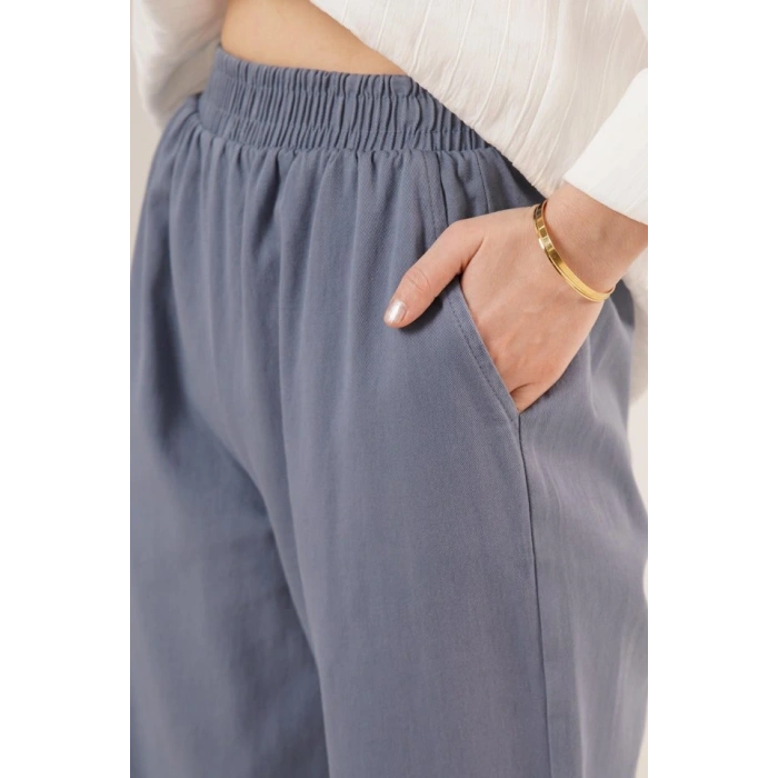 Bel Lastikli Paça Detaylı Cepli İndigo Pantolon