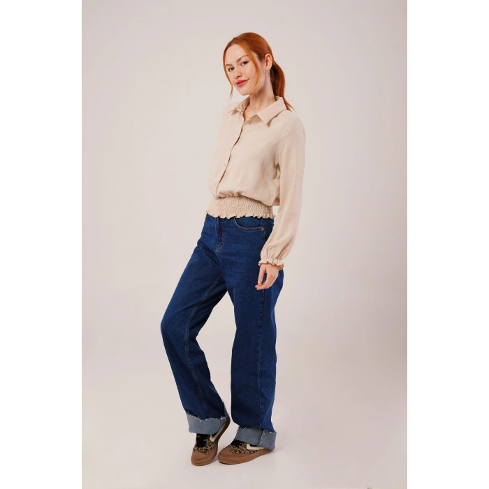 Bel Ve Bilek Lastikli Bej Bluz