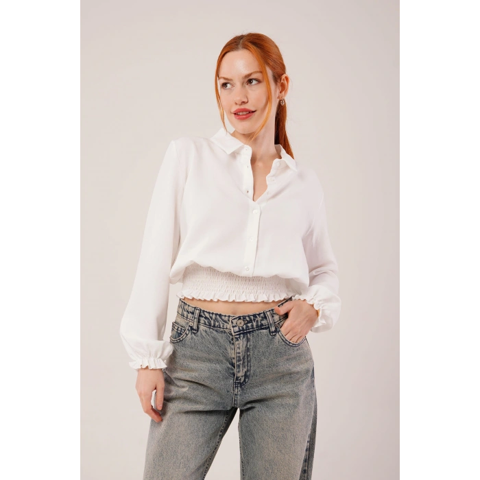 Bel Ve Bilek astikli Beyaz Bluz