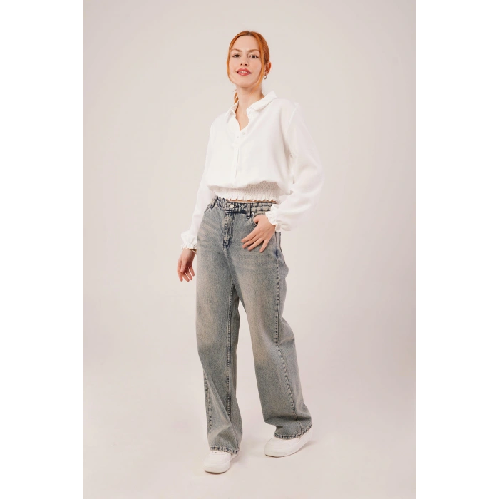 Bel Ve Bilek astikli Beyaz Bluz