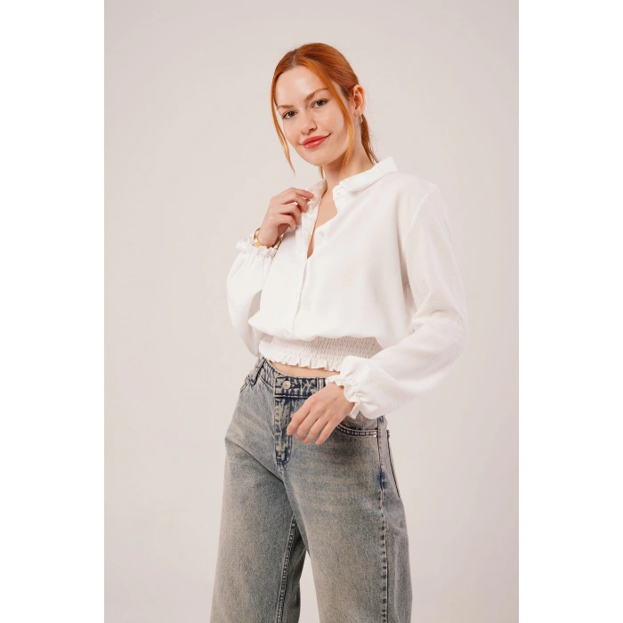 Bel Ve Bilek astikli Beyaz Bluz