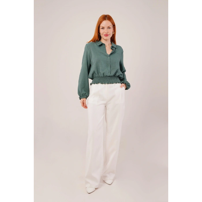 Bel Ve Bilek Lastikli Zümrüt Yeşili Bluz