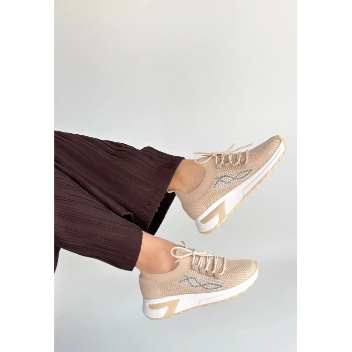 Belan Bej Triko Bağcıklı Spor Ayakkabı
