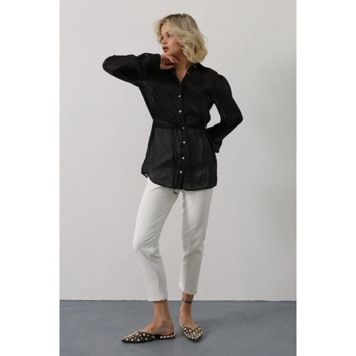 Belden Bağlamalı Uzun Kol Gömlek  iyah