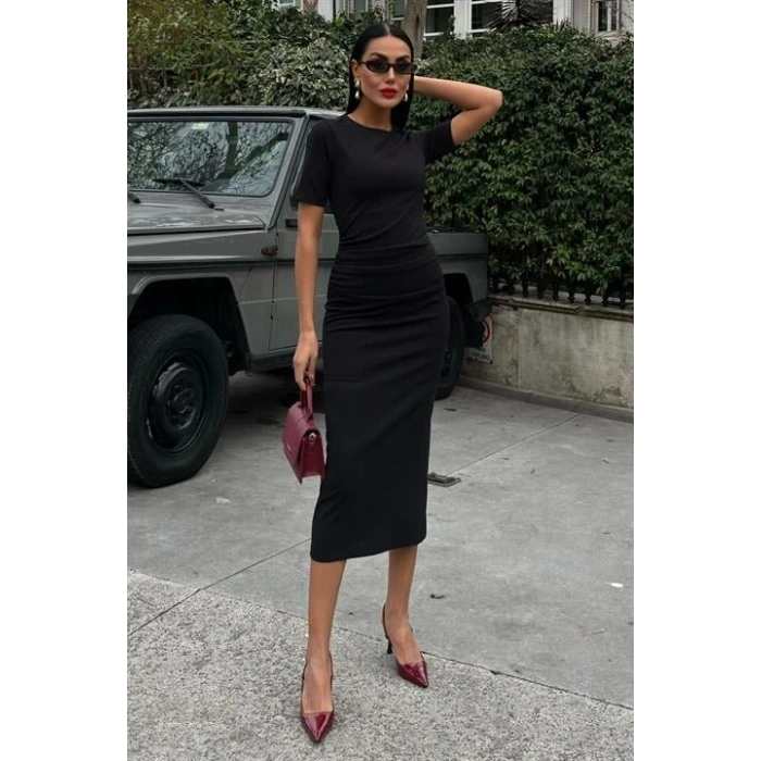 Beli Büzgülü Midi Elbise 2853