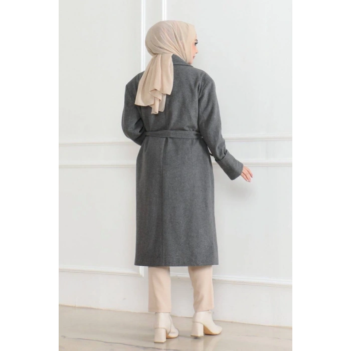 Beli Kuşaklı Yünlü Dokuma Kaşmir Kaban  Gri