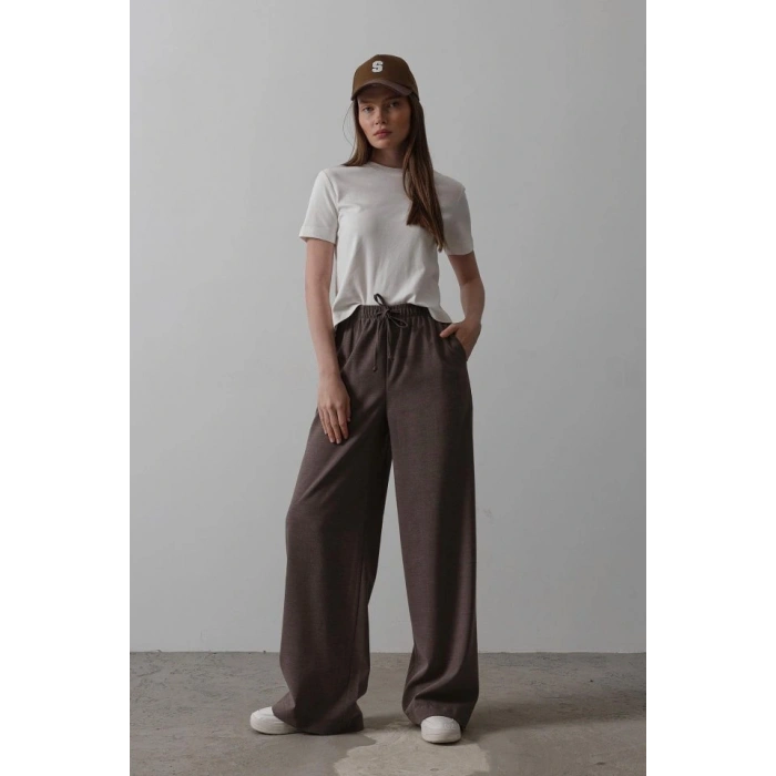 Beli Lastikli Bol Paça Pantolon  Kahve